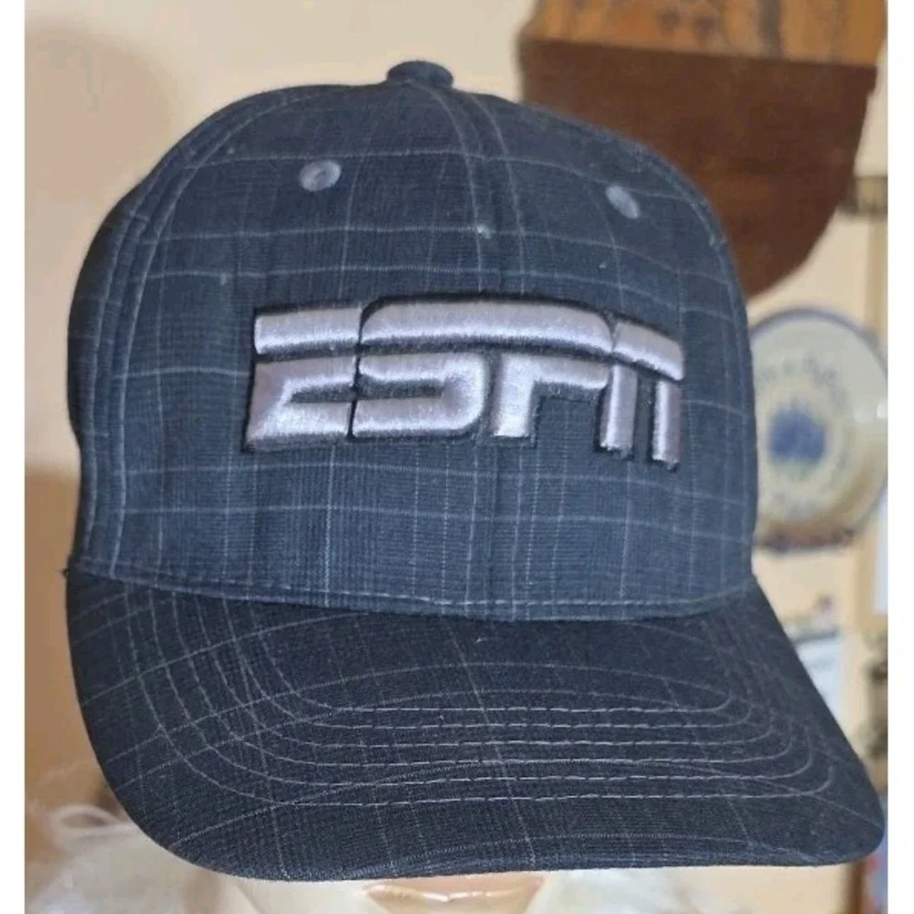 ESPN Hat‎ One Fit Plaid Black Gray Top of the World OSFM